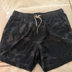 Vuori Men's Black and Gray Camo Swim Trunks